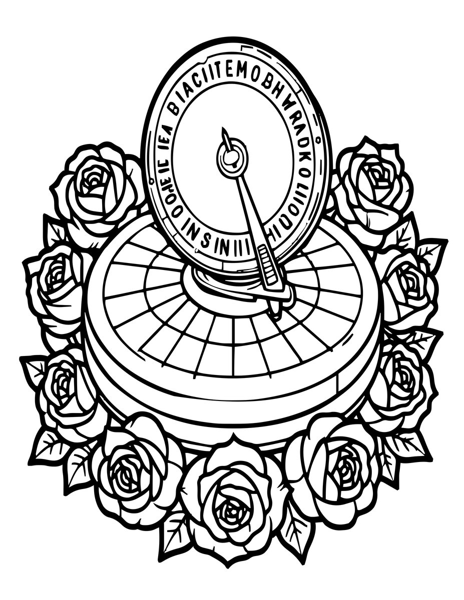 Rose and Sundial - free printable coloring page