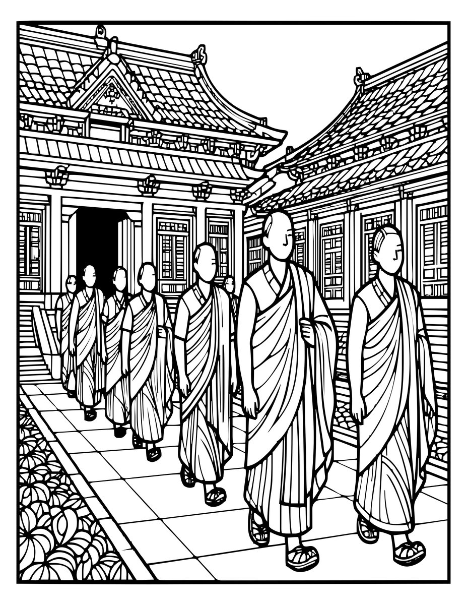 Temple with Monks - free printable coloring page