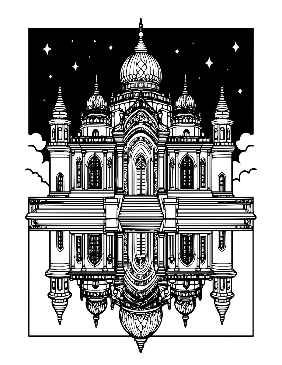 Temple at Night - free printable coloring page