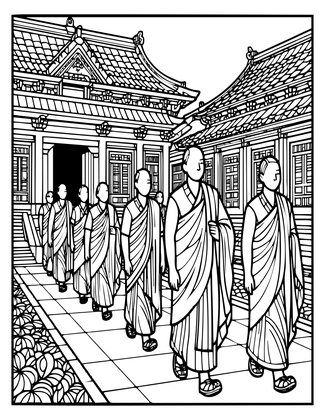 Temple with Monks - Free printable coloring page