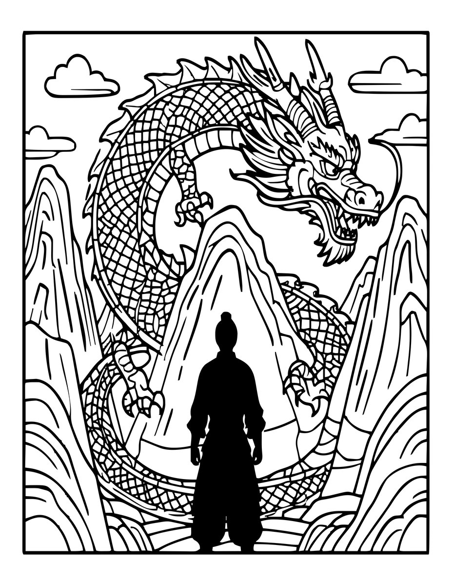 Samurai and Dragon - free printable coloring page