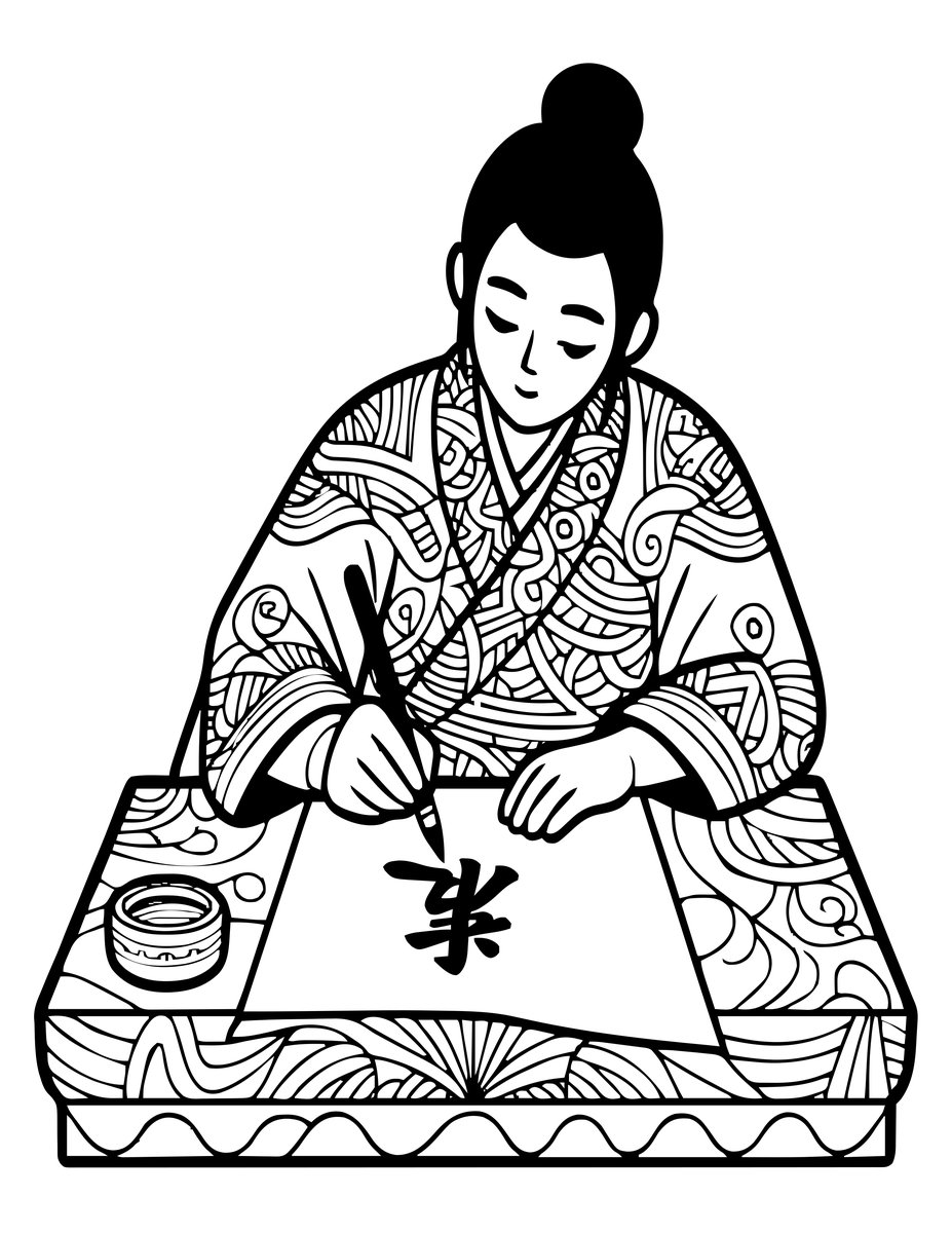 Samurai Writing - free printable coloring page
