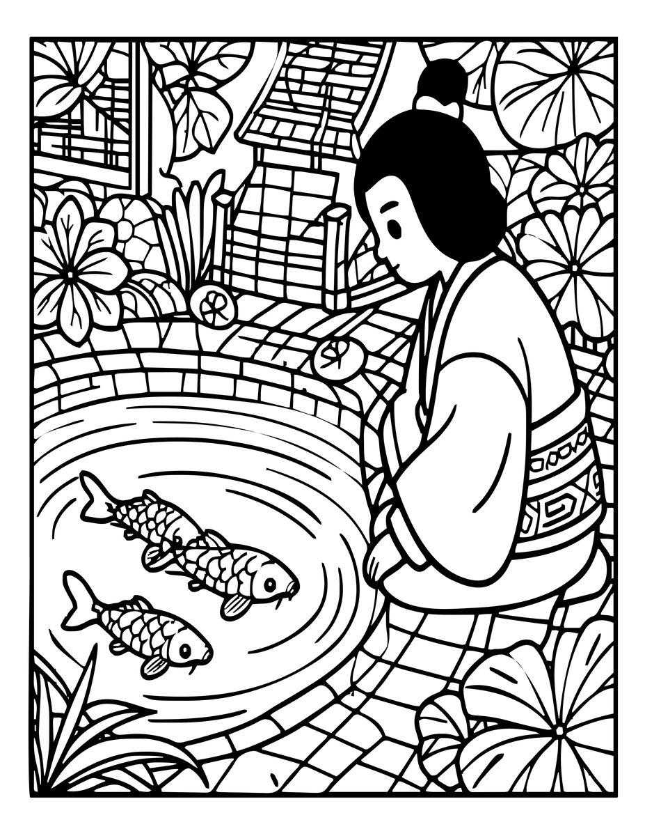 Samurai and Koi - free printable coloring page