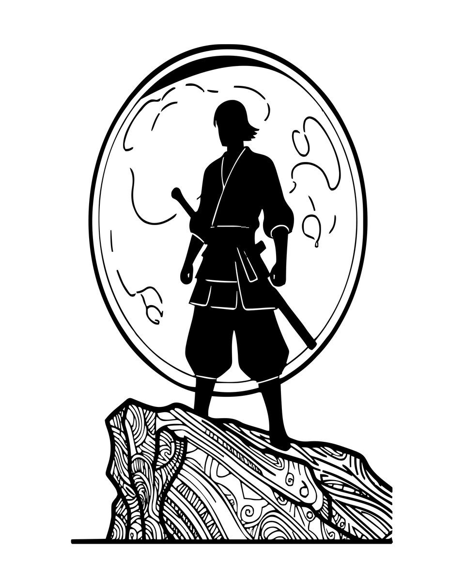 Samurai and Moon - free printable coloring page
