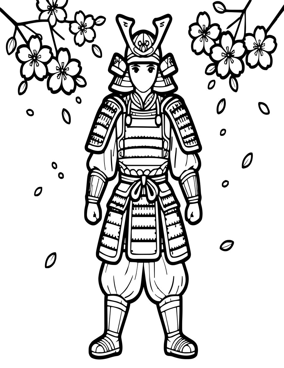 Samurai and Cherry Blossoms - free printable coloring page