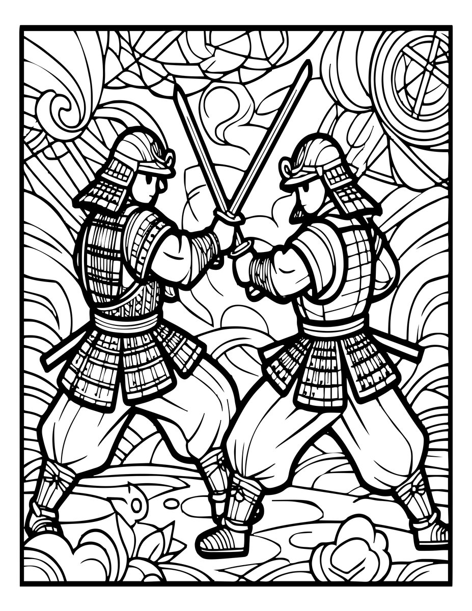 Samurai Battle Scene - free printable coloring page