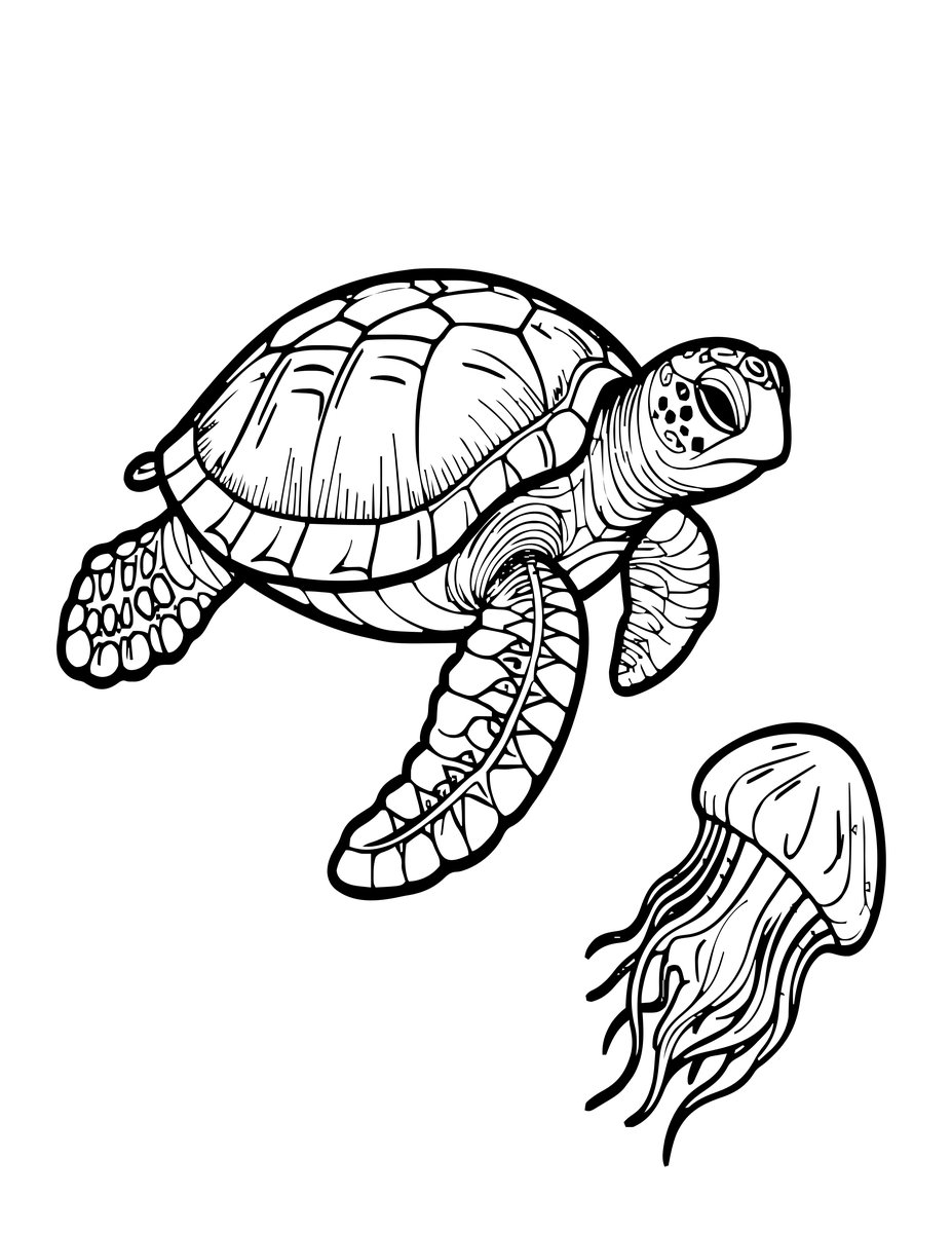 Turtle and Jellyfish - free printable coloring page