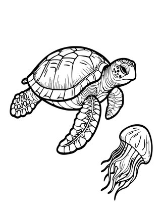 Turtle and Jellyfish - Free printable coloring page
