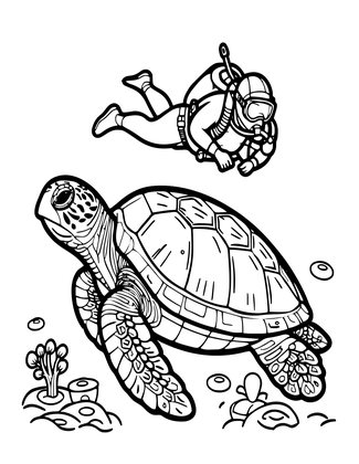 Turtle and Diver - Free printable coloring page