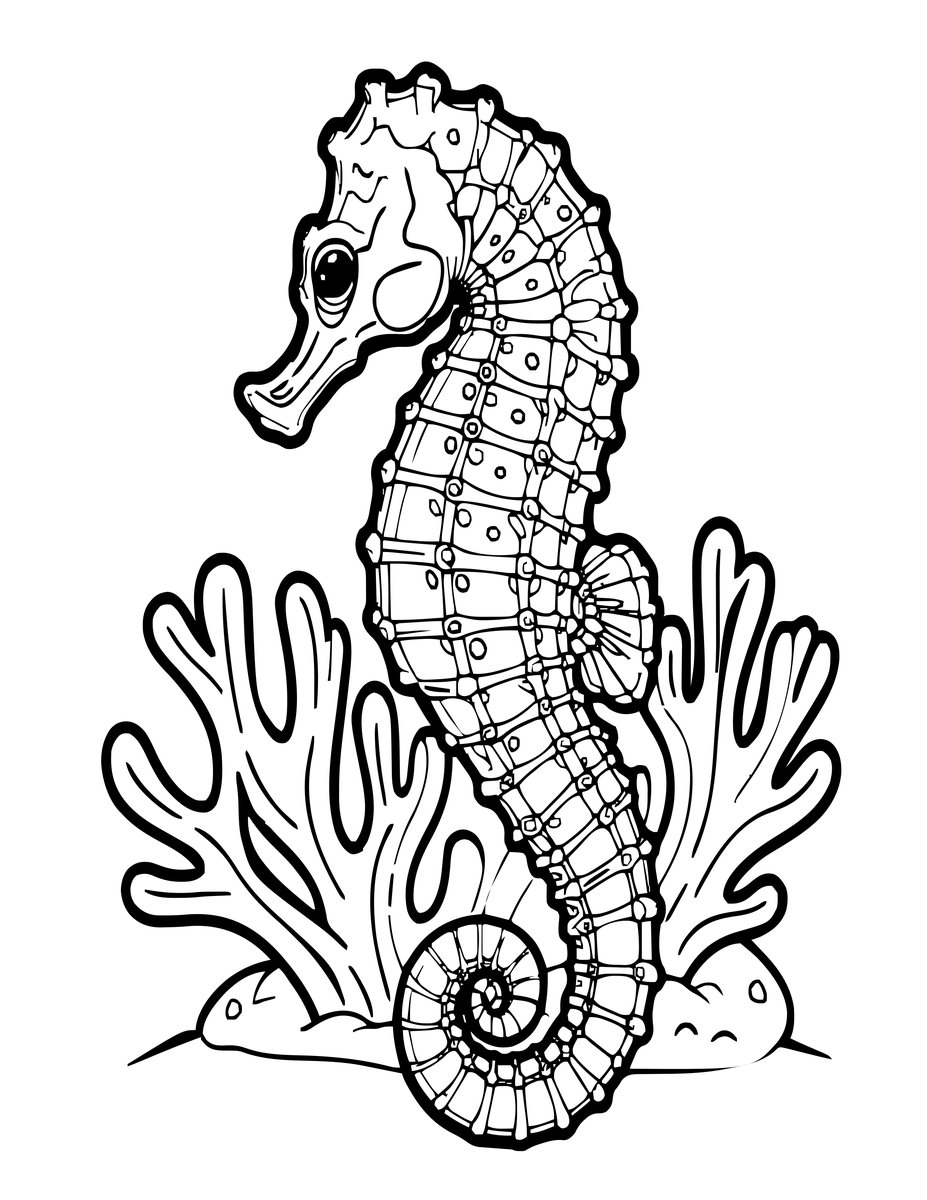 Seahorse and Coral - free printable coloring page