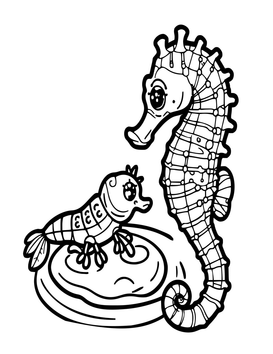 Seahorse and Shrimp - free printable coloring page