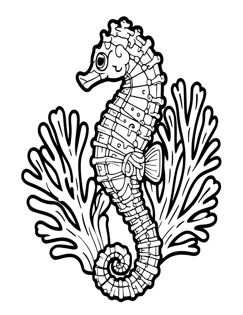 Seahorse and Coral Fan - free printable coloring page