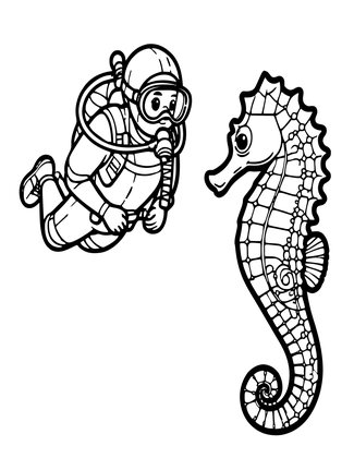 Seahorse and Diver - Free printable coloring page