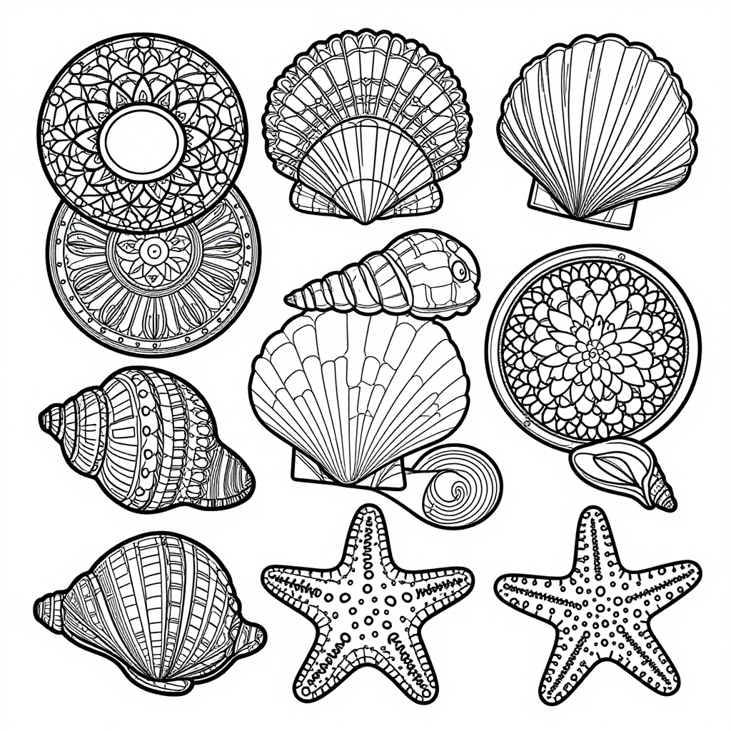 Seashells Starfish coloring pages collection - 40 free printable pages