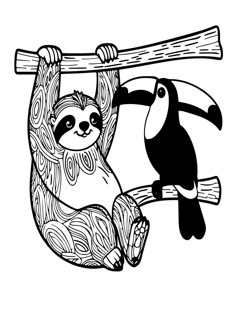 Sloth and Toucan - free printable coloring page