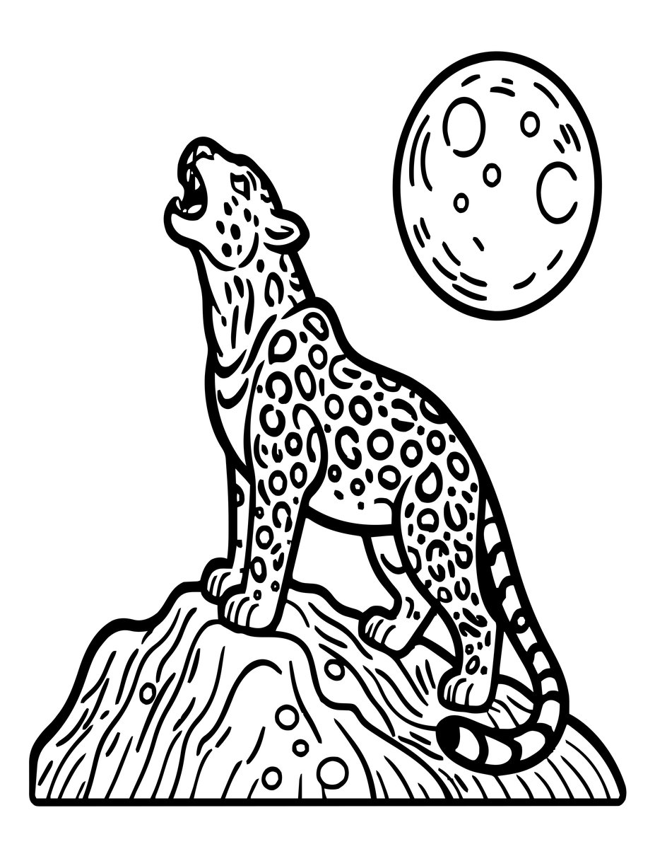 Snow Leopard and Moon - free printable coloring page
