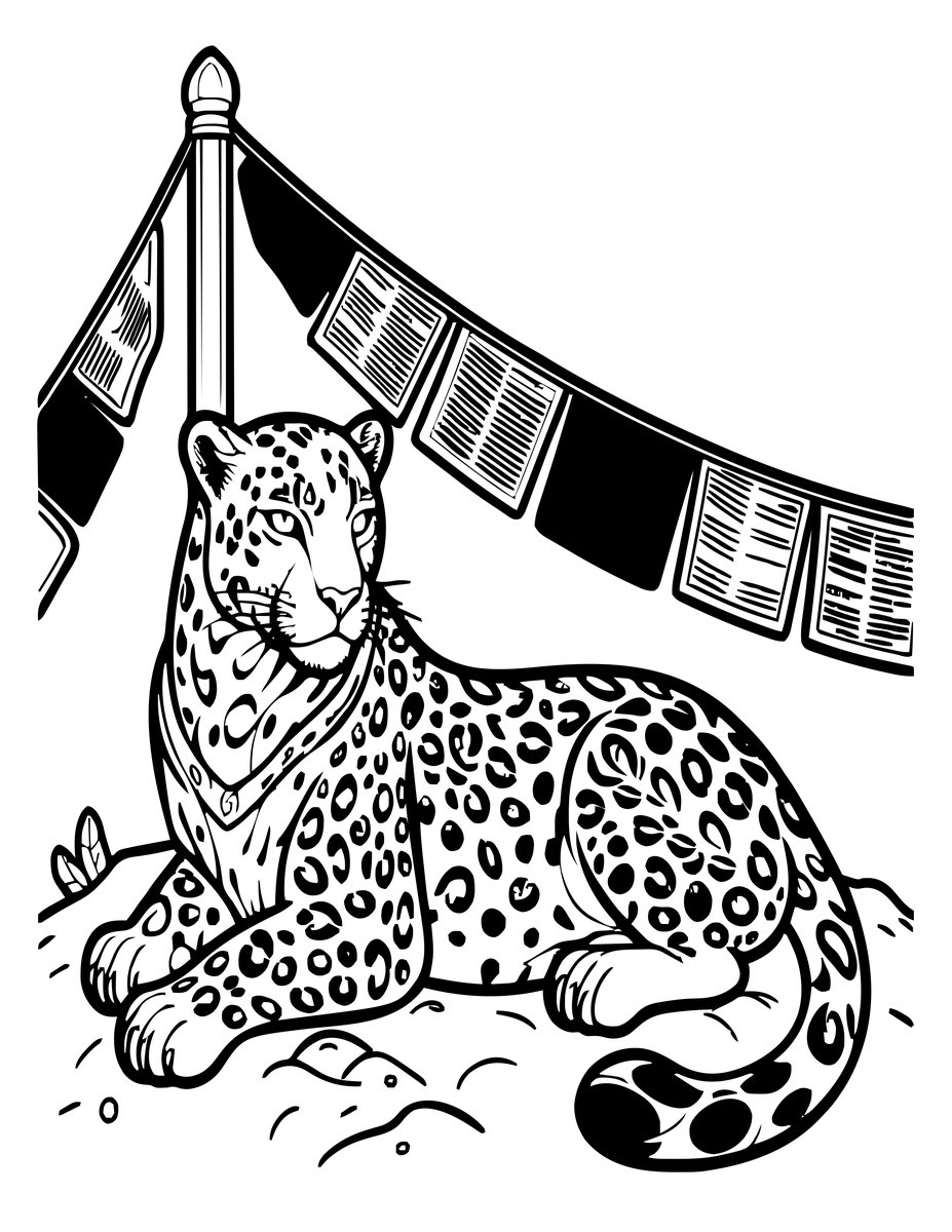 Snow Leopard and Prayer Flags - free printable coloring page