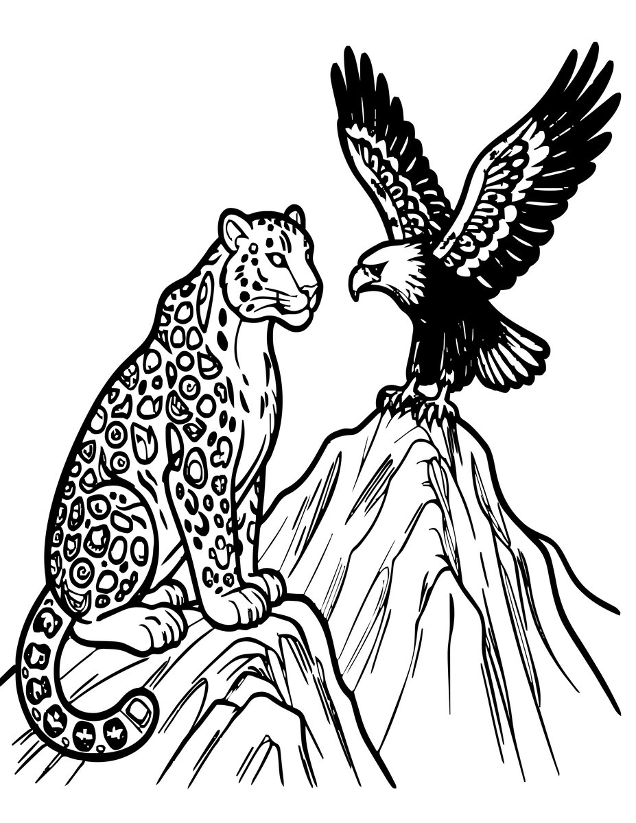 Snow Leopard and Eagle - free printable coloring page