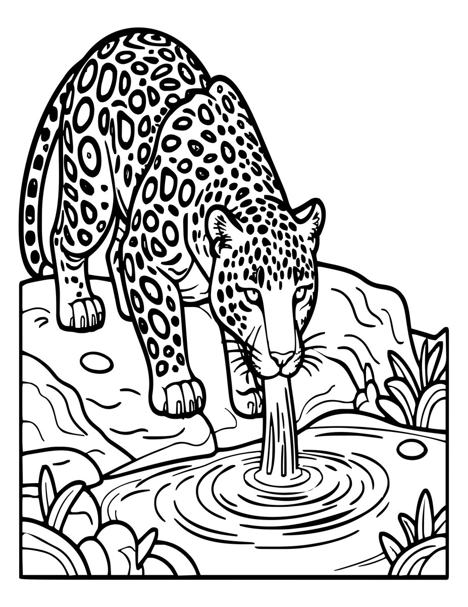 Snow Leopard Drinking - free printable coloring page