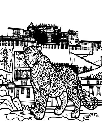 Snow Leopard and Monastery - Free printable coloring page