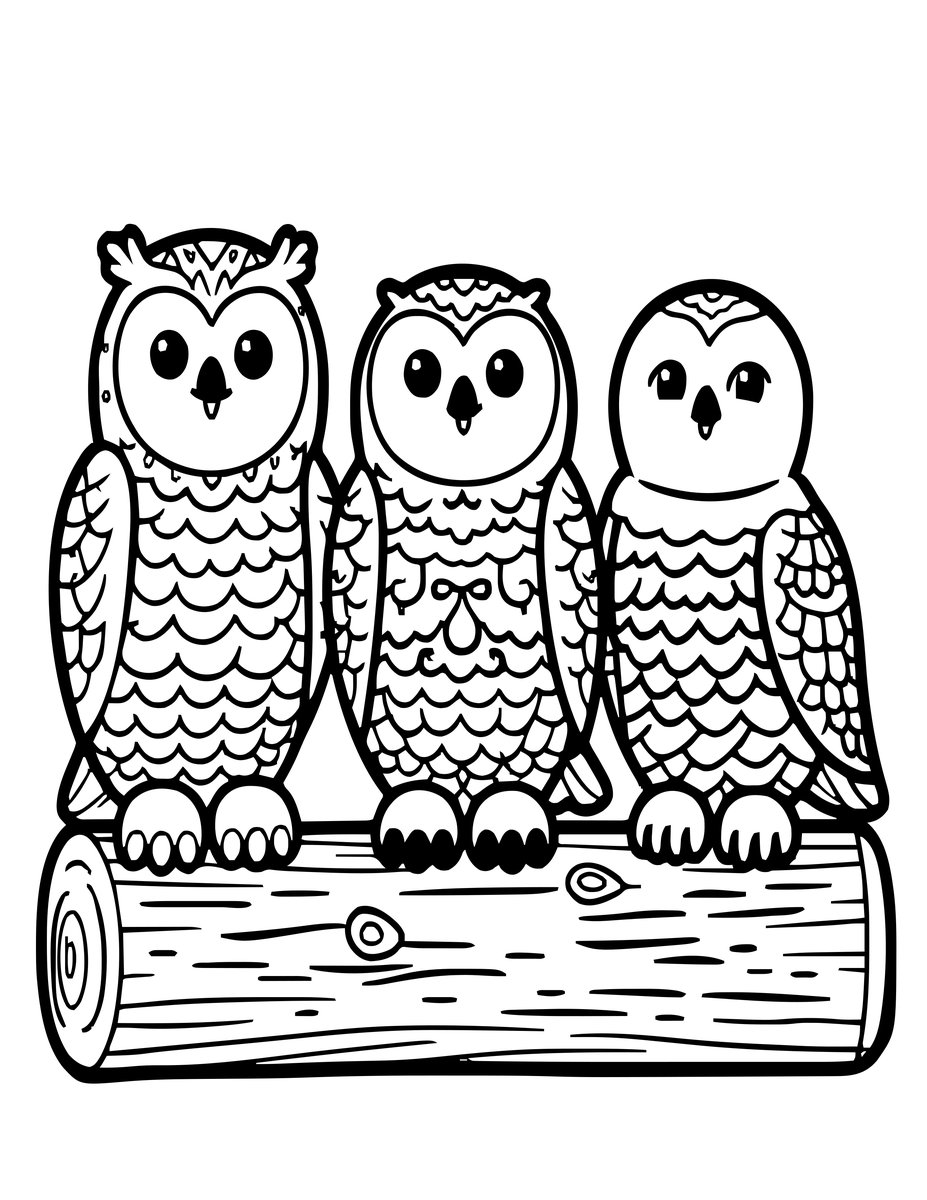 Three Owls - free printable coloring page