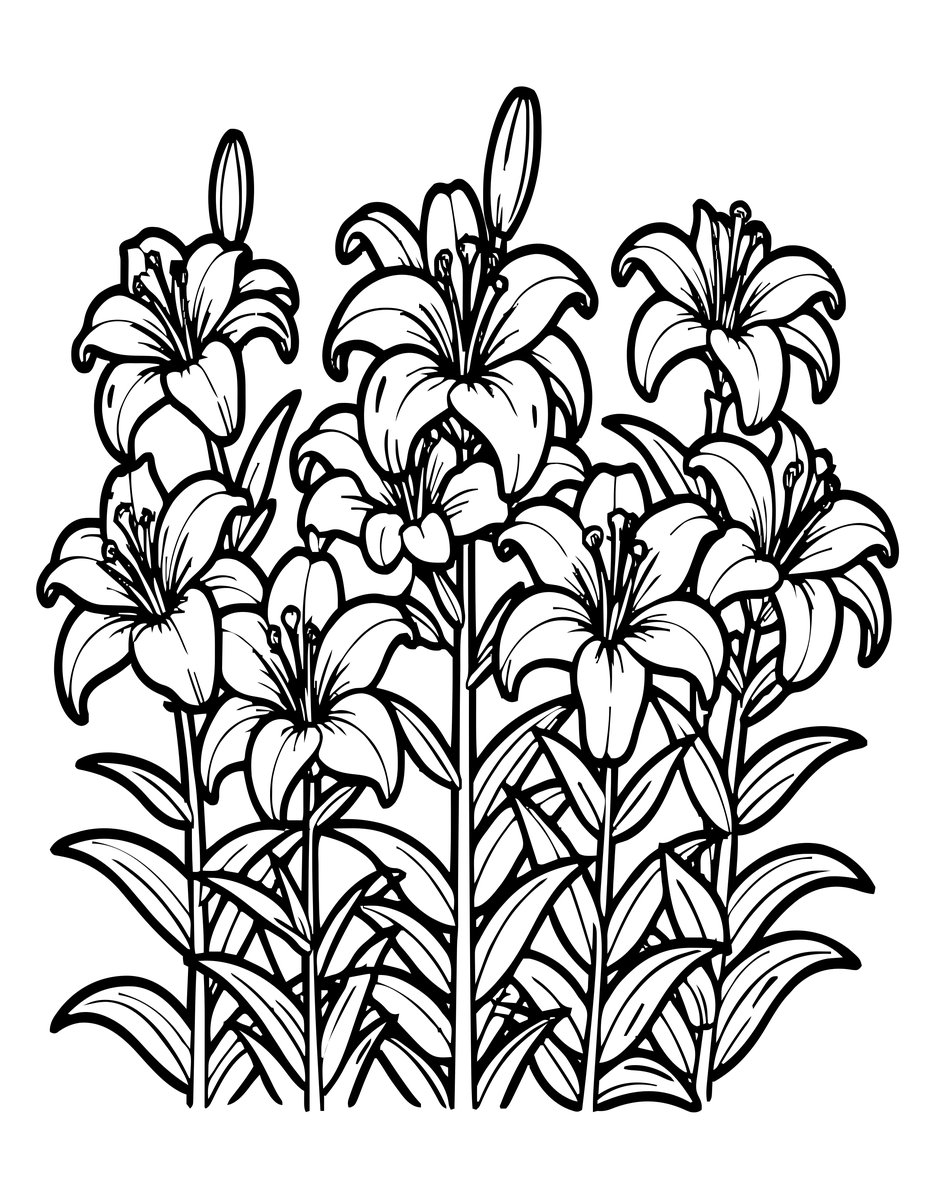Lily Garden Row - free printable coloring page