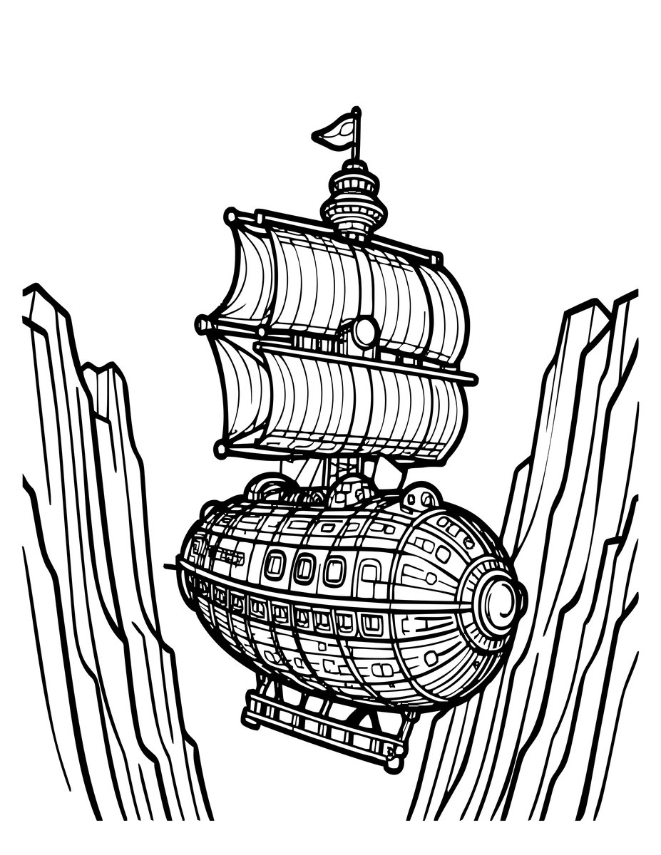 Airship and Mountain - free printable coloring page