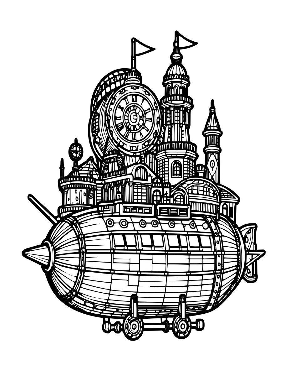 Airship and City - free printable coloring page