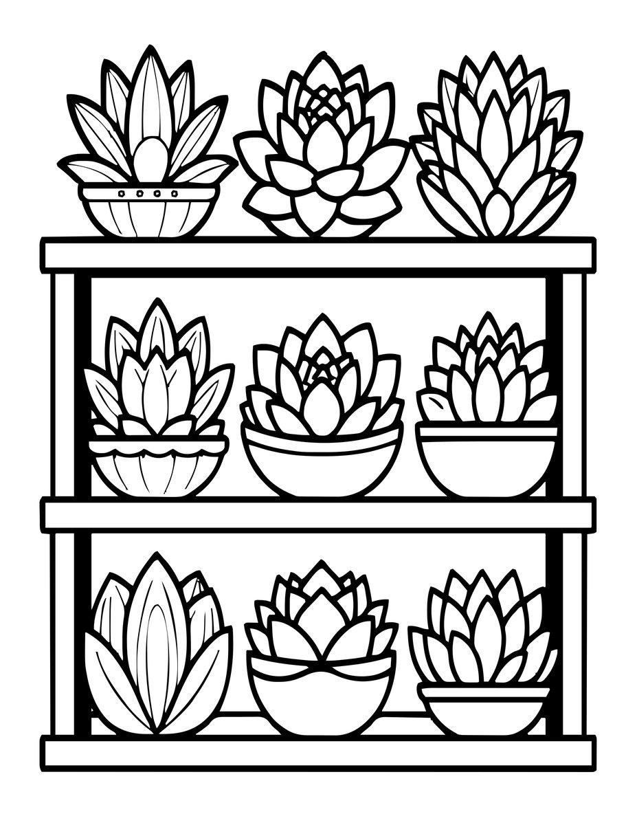 Bookshelf Succulents - free printable coloring page
