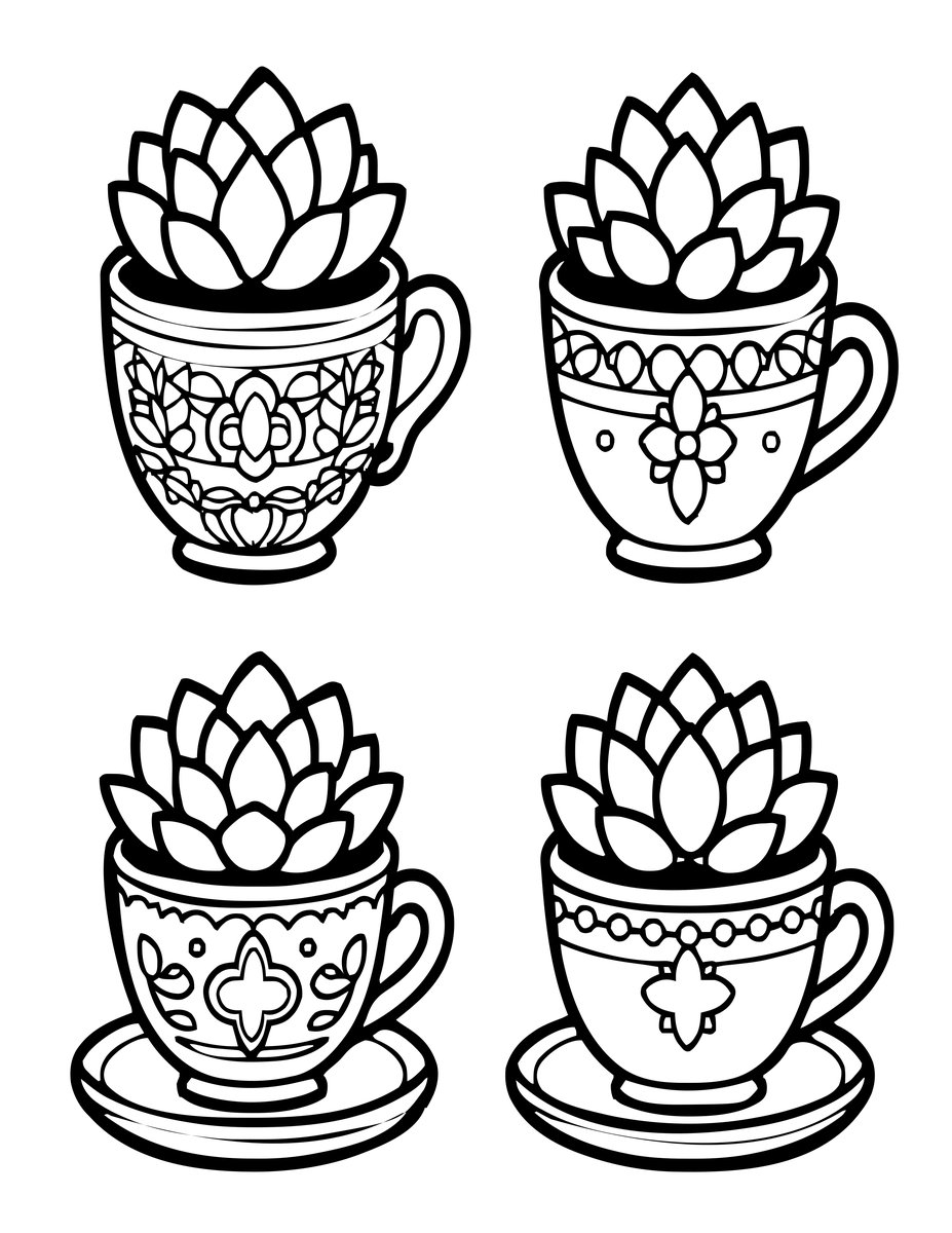 Teacup Succulents - free printable coloring page