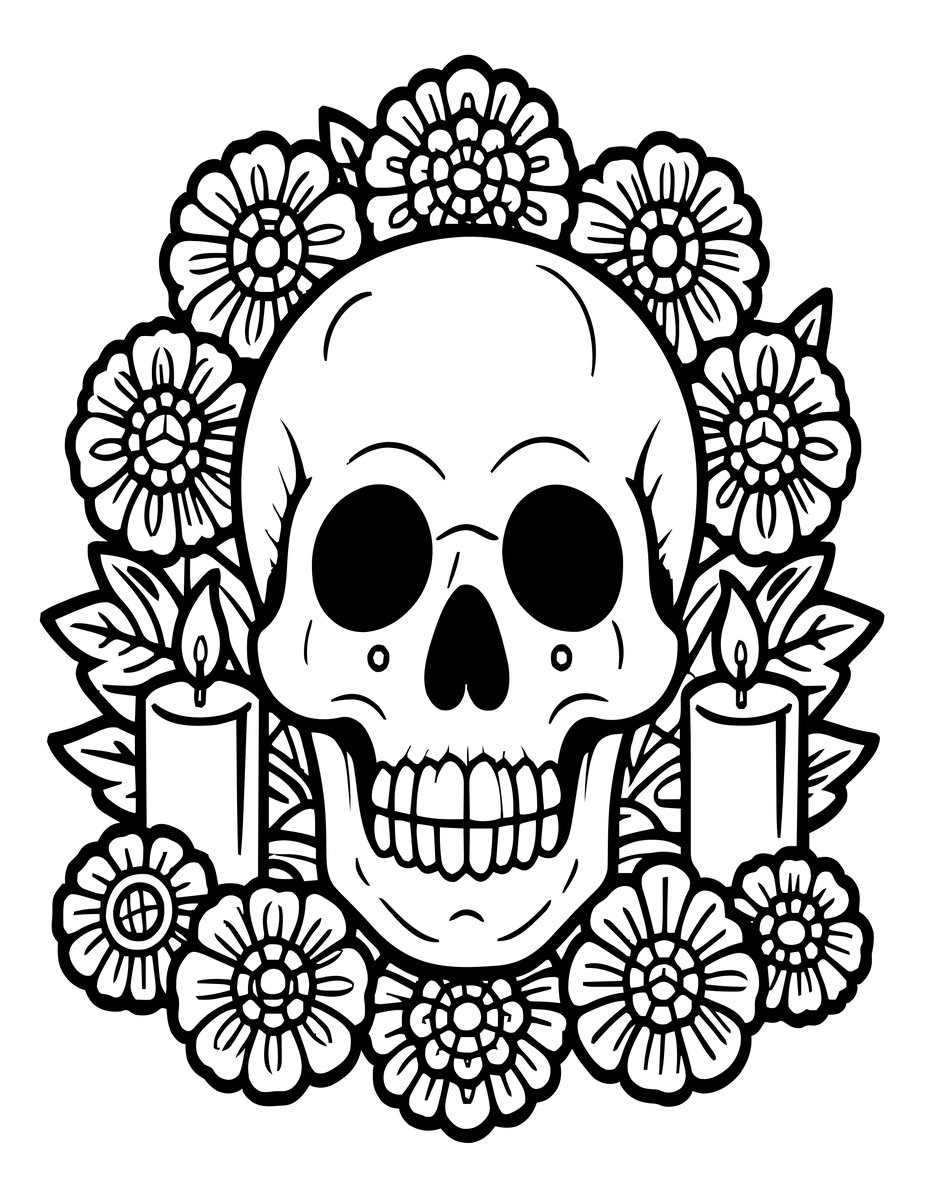 Sugar Skull and Marigolds - free printable coloring page