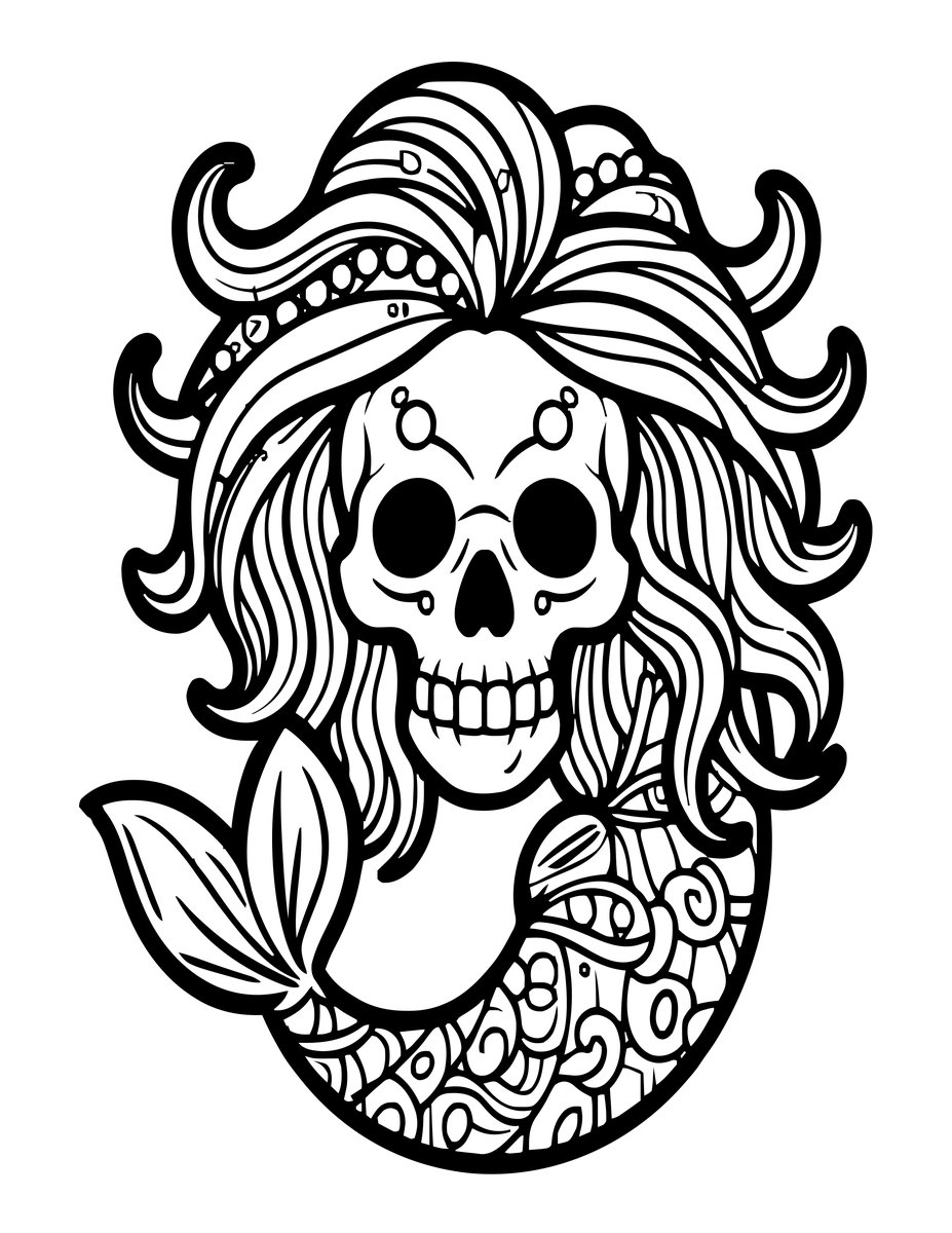 Sugar Skull Mermaid - free printable coloring page