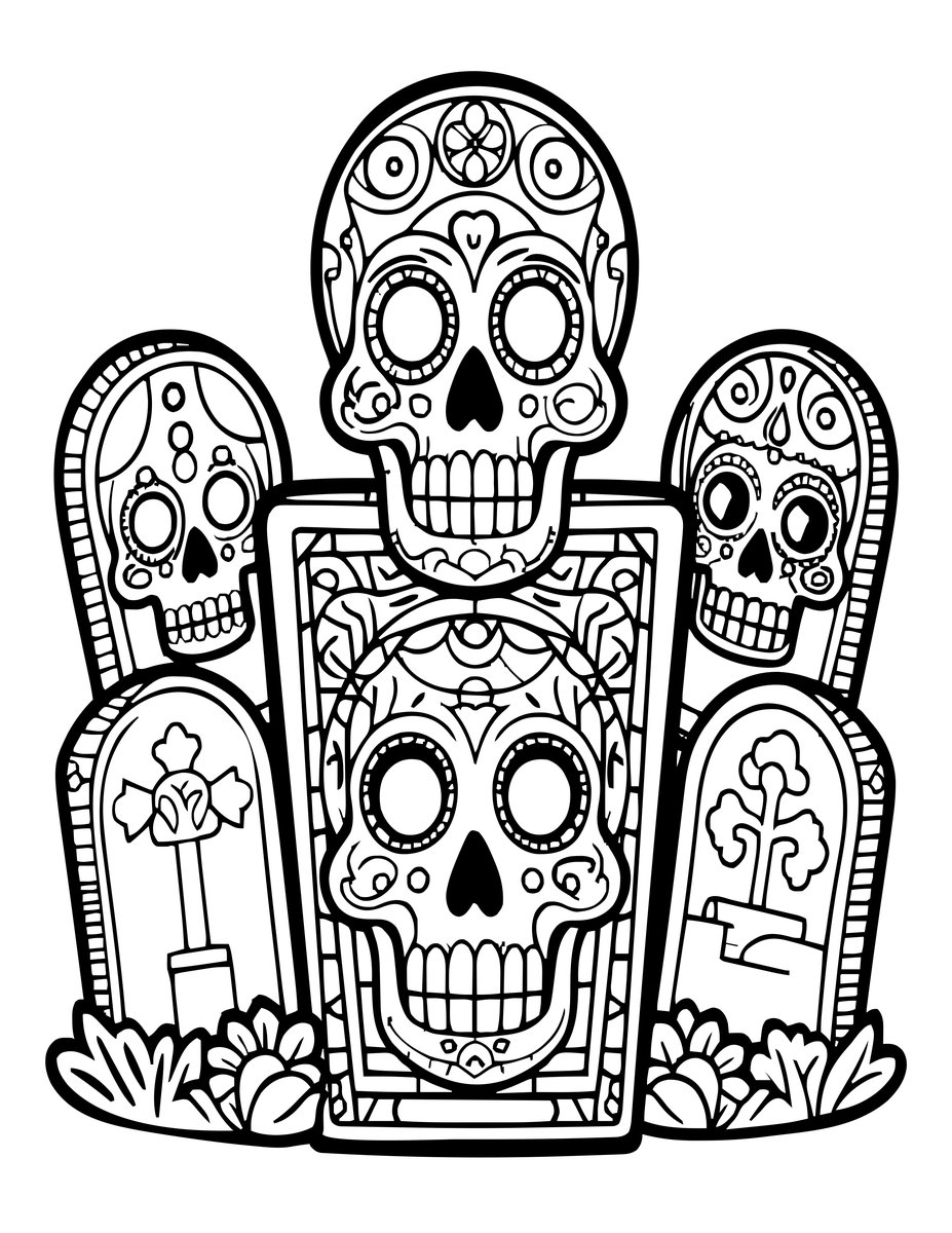 Cemetery Night Scene - free printable coloring page