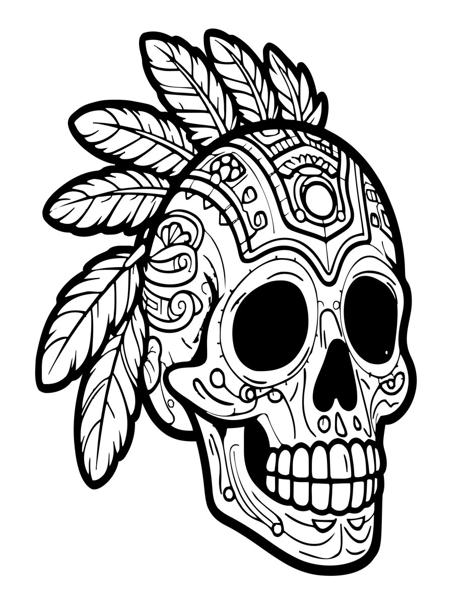 Sugar Skull and Feathers - free printable coloring page