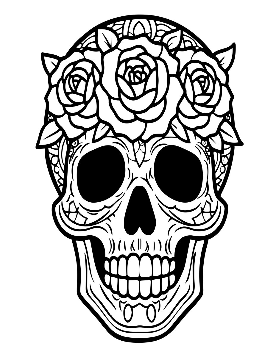 Sugar Skull with Roses - free printable coloring page