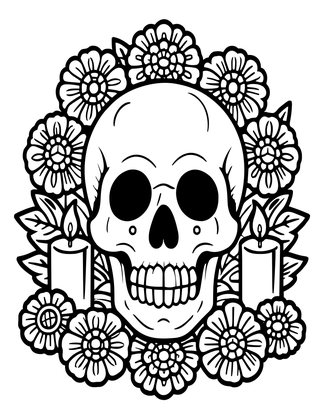 Sugar Skull and Marigolds - Free printable coloring page