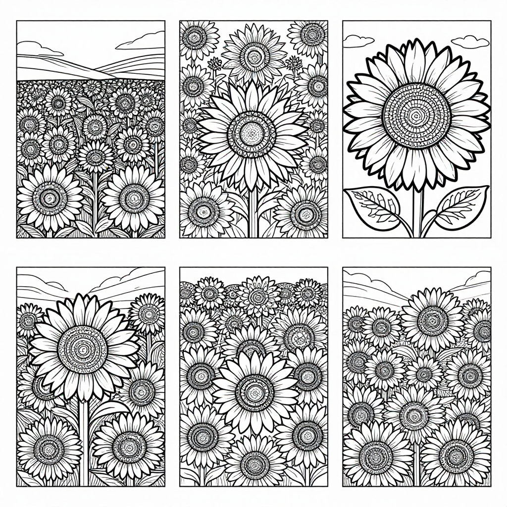 Sunflower Fields coloring pages collection - 30 free printable pages