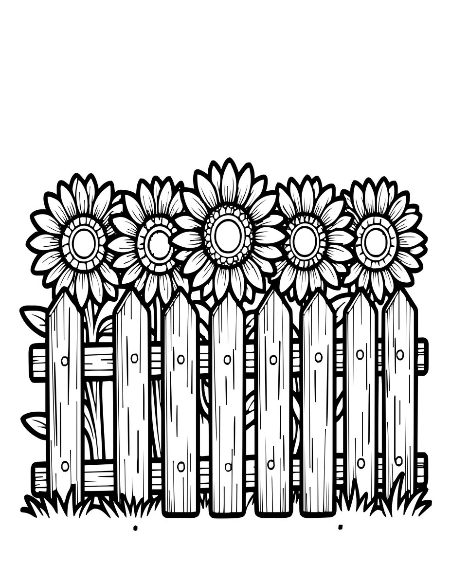 Sunflower and Fence - free printable coloring page