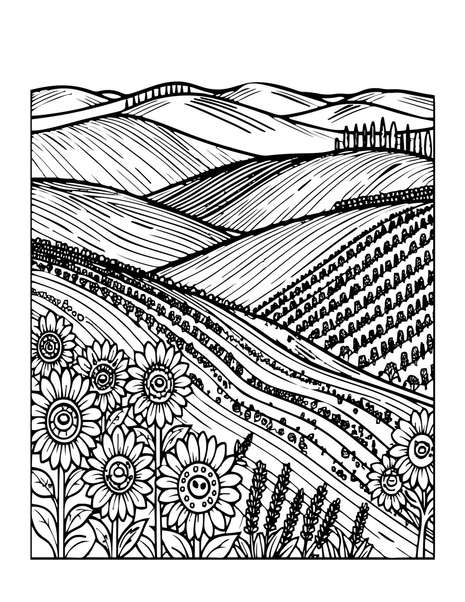Tuscany Fields - free printable coloring page