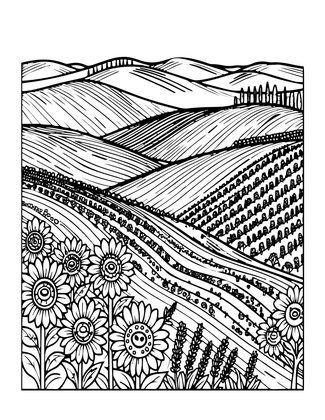 Tuscany Fields - Free printable coloring page