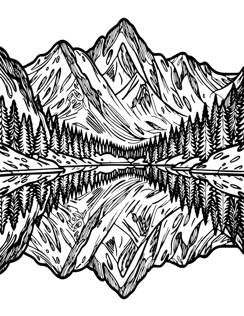 Mountain Lake Sunset - free printable coloring page