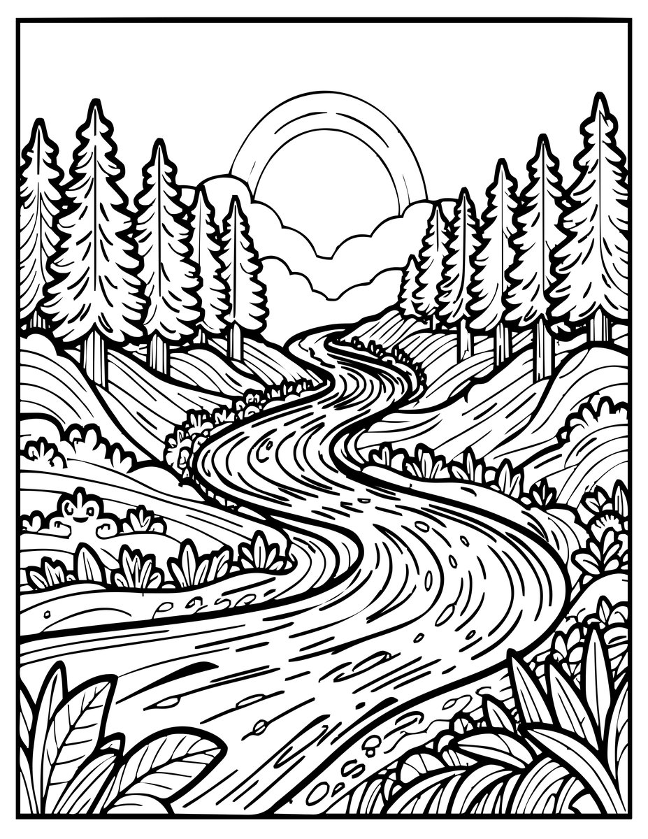 Misty River Sunset - free printable coloring page