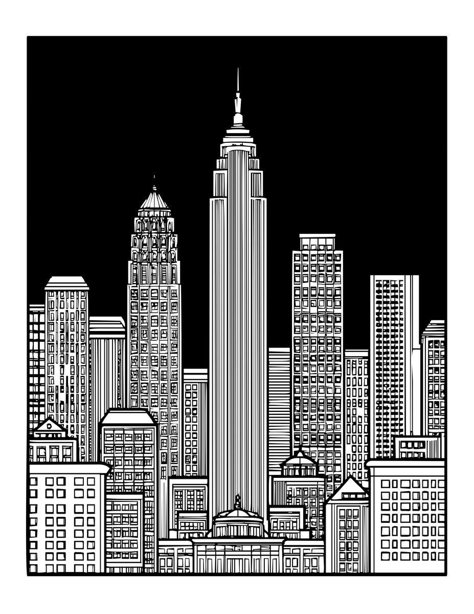 City Skyline Sunset - free printable coloring page