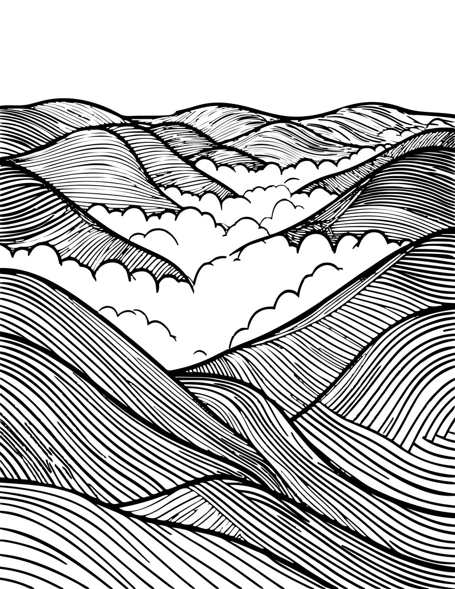 Foggy Valley Sunset - free printable coloring page