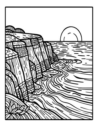 Coastal Cliff Sunset - Free printable coloring page