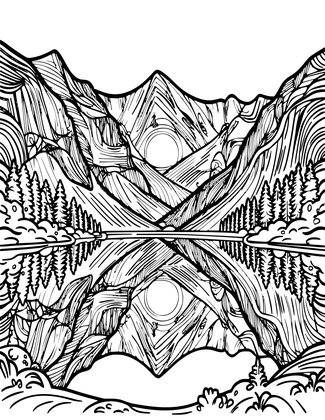 Lake Reflection Sunset - Free printable coloring page
