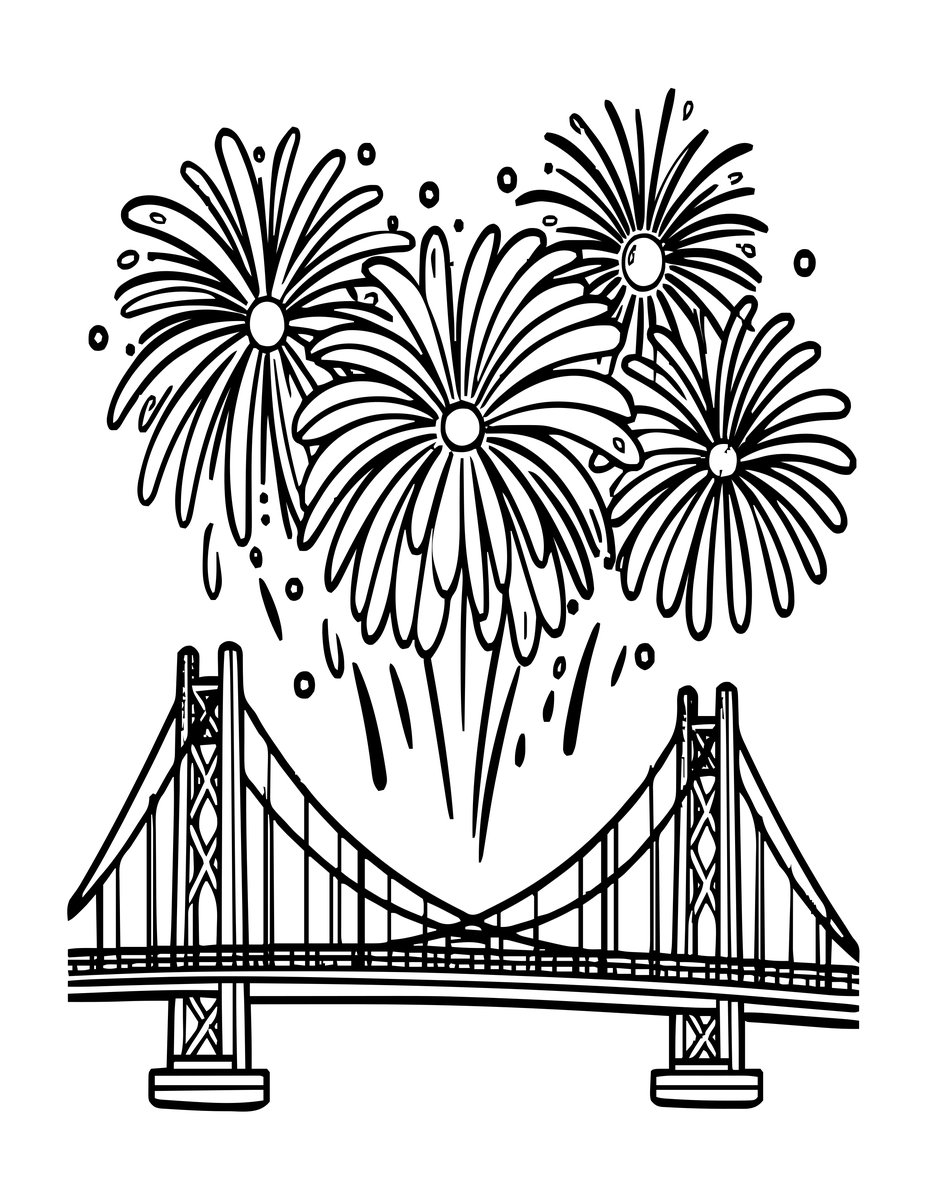 Bridge and Fireworks - free printable coloring page