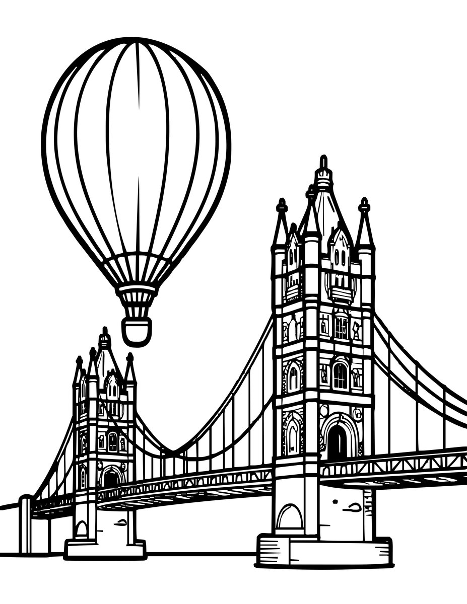 Bridge and Hot Air Balloon - free printable coloring page