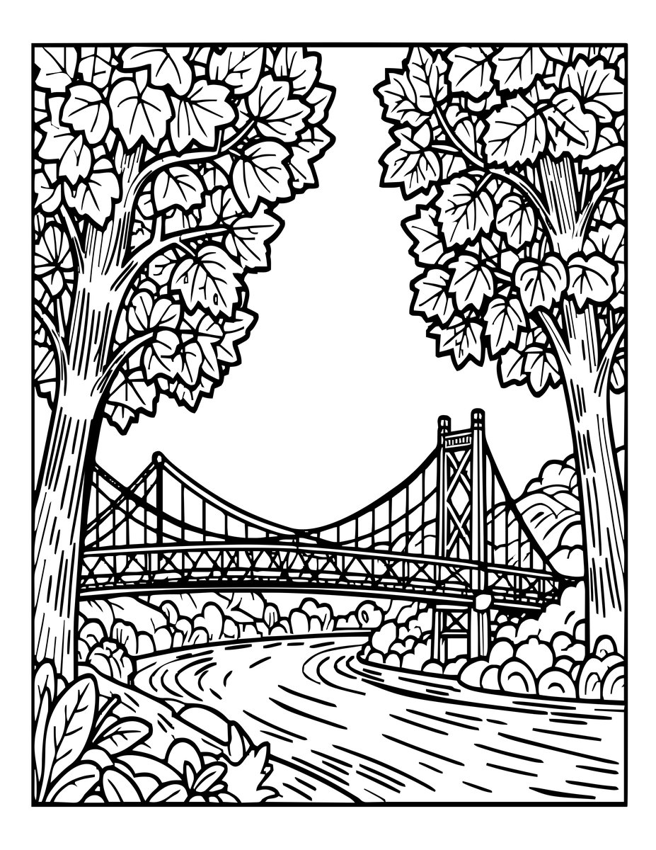 Bridge and Autumn - free printable coloring page