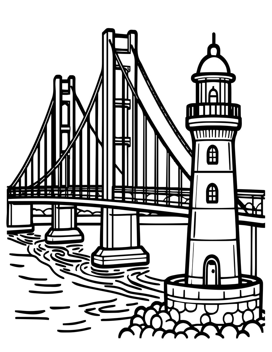 Bridge and Lighthouse - free printable coloring page